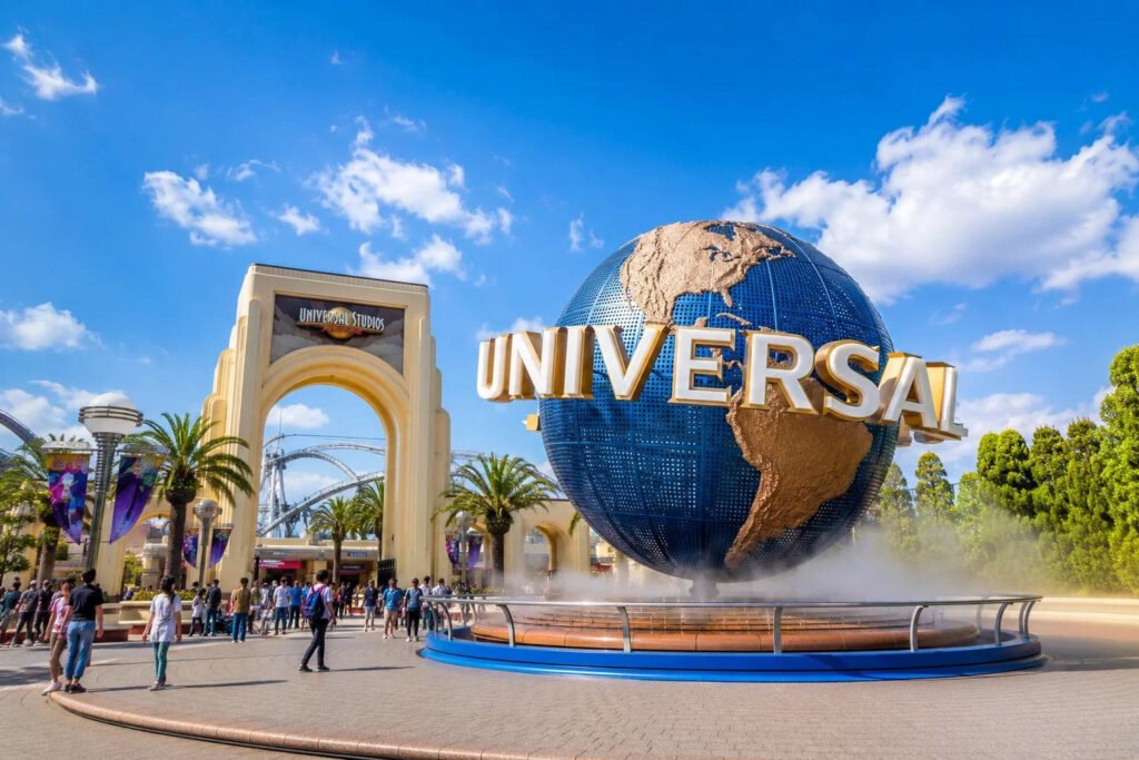 Universal Studios Japan entrance and famous Universal globe in Osaka, Japan