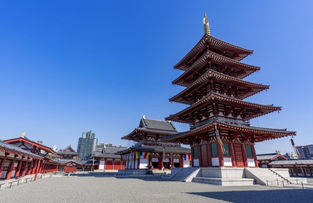Traditional buildings and five-story pagoda at Shitennoji Temple in Osaka, Japan