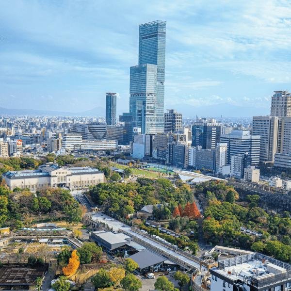 Abeno Harukas skyscraper rising above the Tennoji district of Osaka, Japan