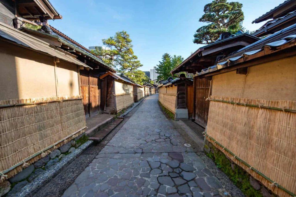 Historic streets and earthen walls of Nagamachi Samurai District in Kanazawa Japan
