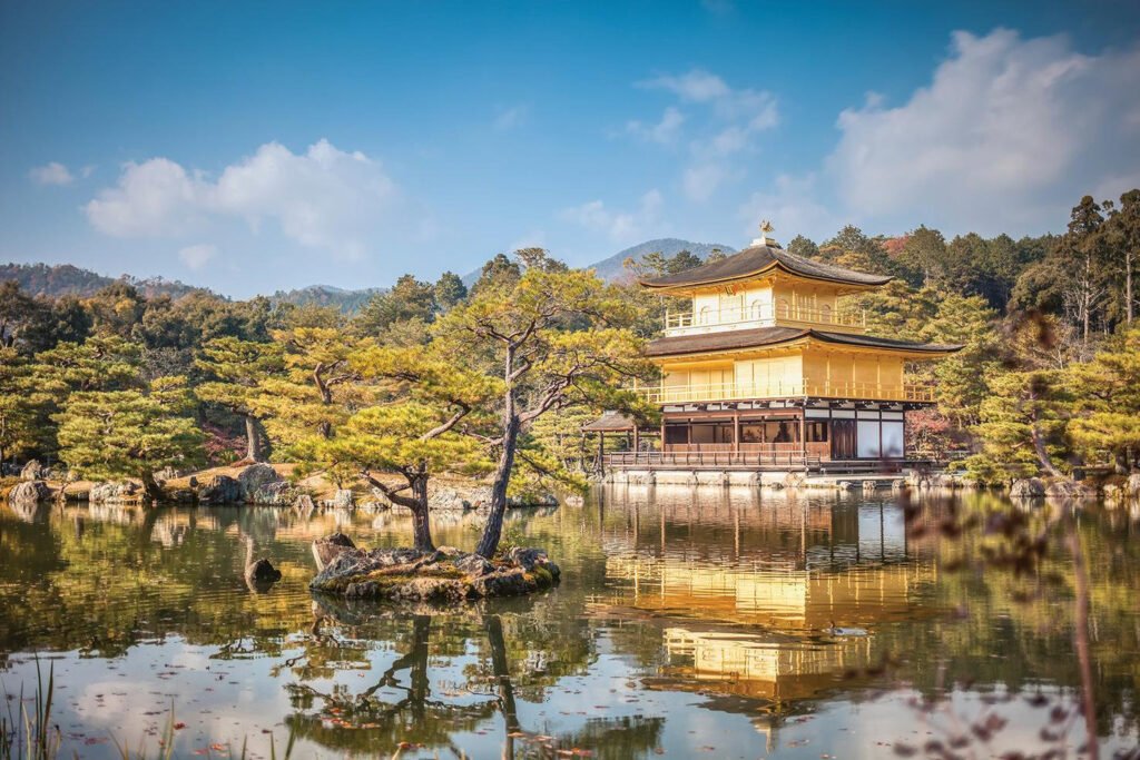 Golden Pavilion of Kinkaku-ji beside its reflecting pond in Kyoto Japan