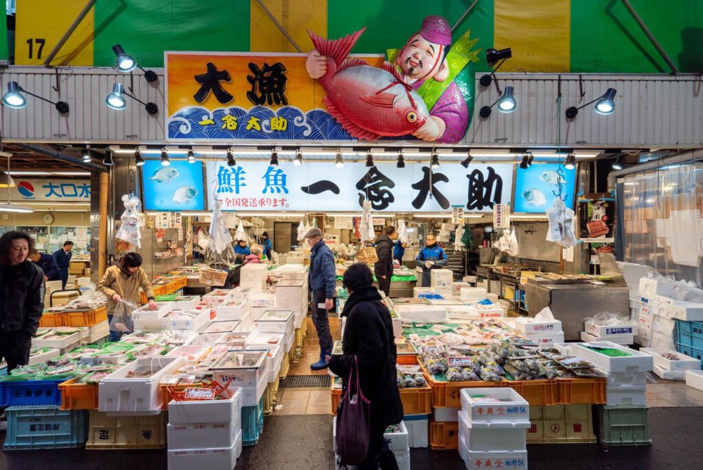 Omicho Market in Kanazawa Japan with local food and seafood vendors