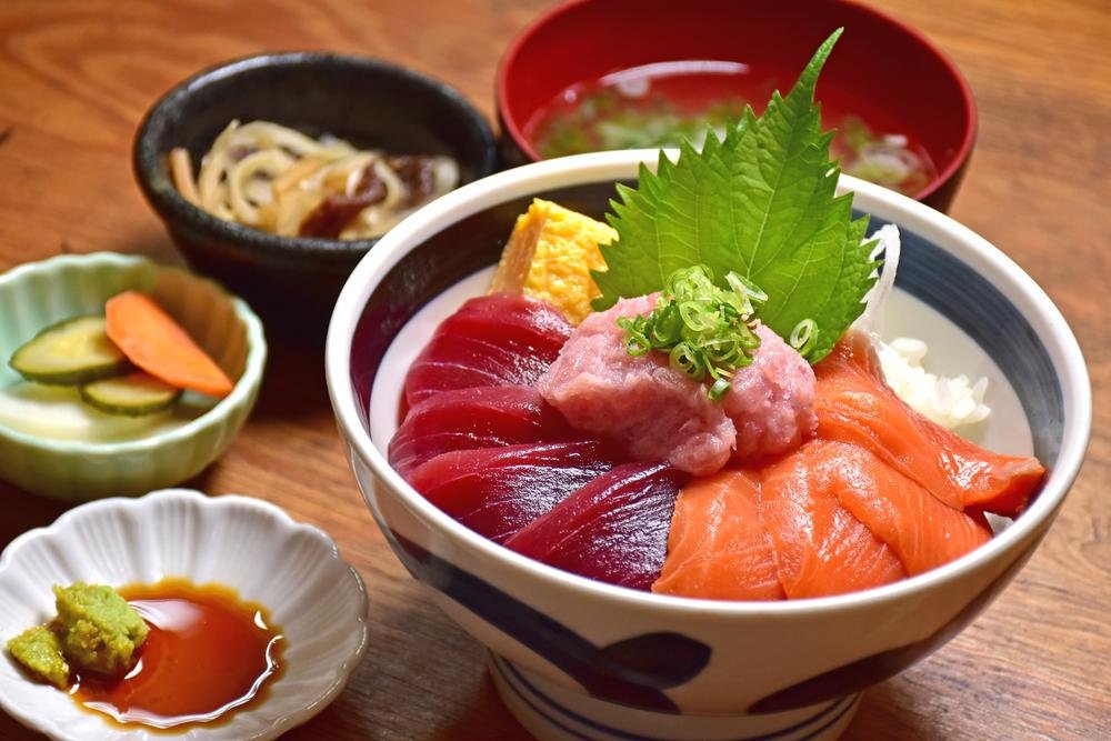 Kaisendon bowl topped with fresh tuna salmon and seafood in Japan