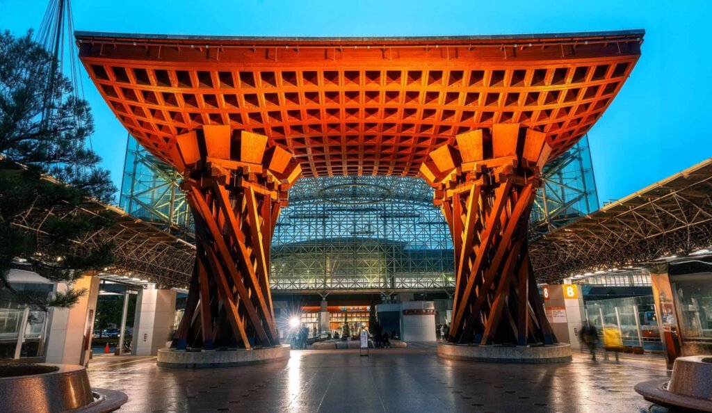 Tsuzumi-mon wooden gate at Kanazawa Station Japan