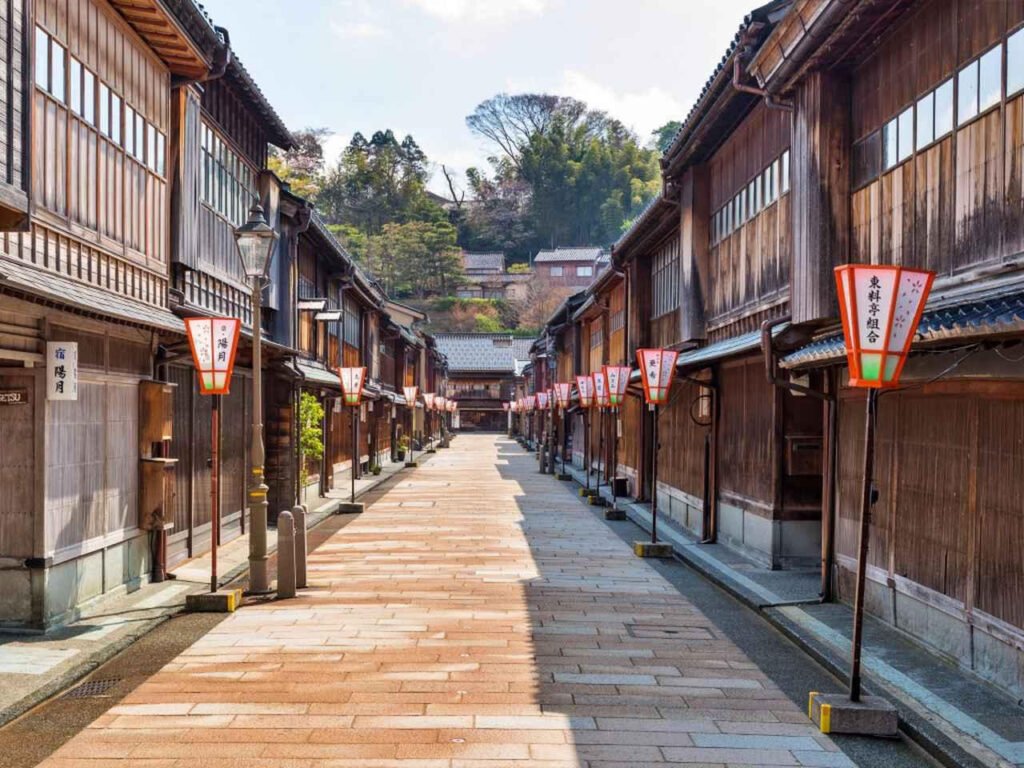 Traditional wooden streets of Higashi Chaya District in Kanazawa Japan
