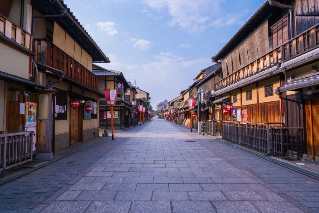 Traditional buildings along Hanamikoji Street in Gion Kyoto Japan