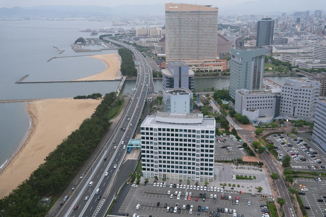 Aerial view of Fukuoka coastal districts and Hakata Bay