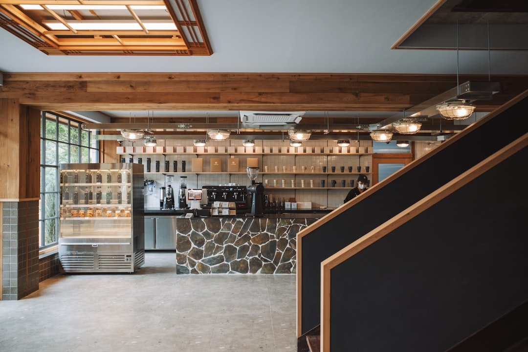 Illustrative Japanese coffee bar interior with shelves and counter