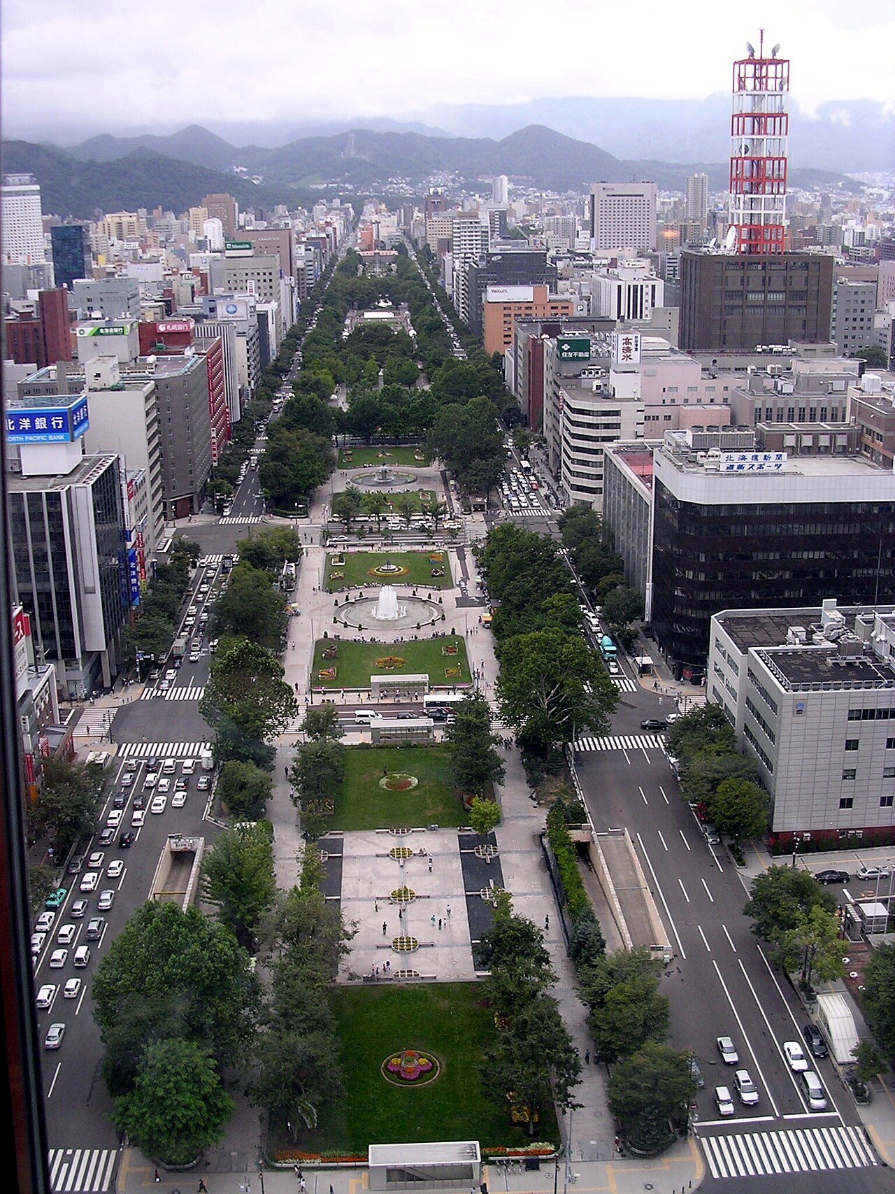 Sapporo travel guide orientation: archival 2006 view along Odori Park from Sapporo TV Tower.