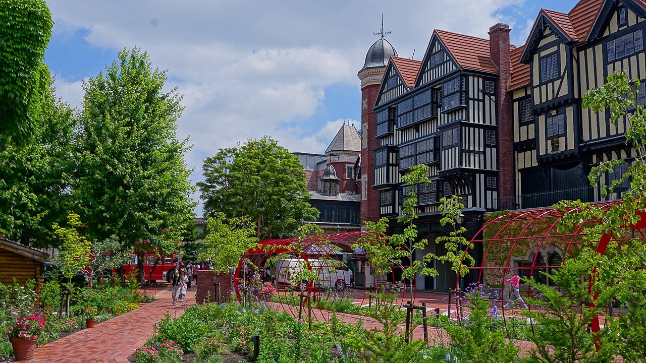 Gardens and European-inspired buildings at Shiroi Koibito Park in July 2026.
