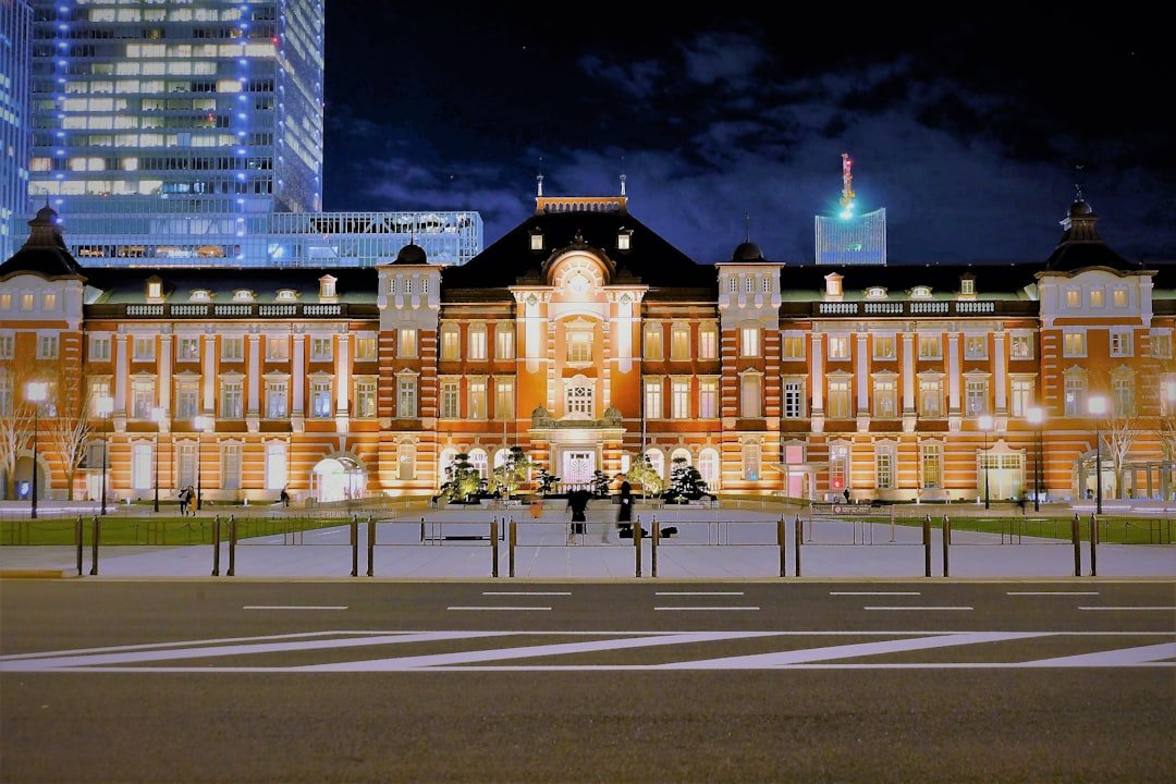 Illuminated red-brick Tokyo Station Marunouchi building at night