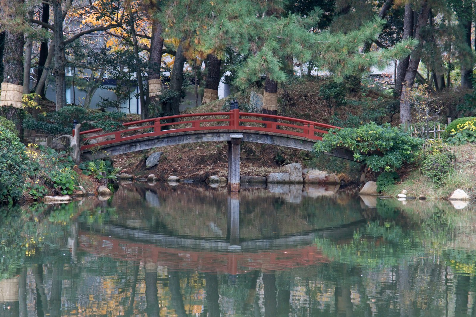 Red footbridge reflected in a pond at Shukkeien Garden