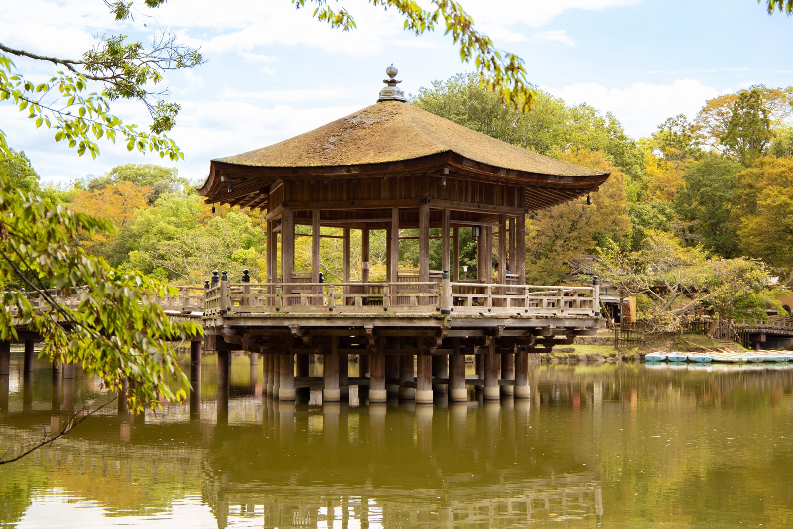Ukimido pavilion reflected in Sagiike Pond, Nara